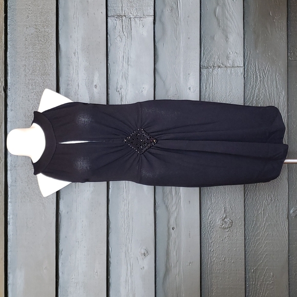 ST JOHN Evening Black Santana Knit Embellished Cutout Cocktail Dress sz 14 - Picture 2 of 8